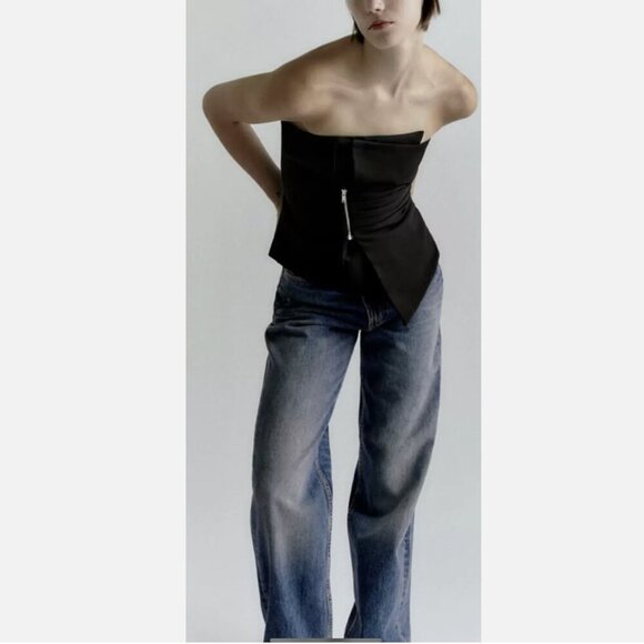 Zara Tops - ZARA NEW WOMAN SS22 BLACK Zippered ASYMMETRIC BUSTIER - Size S NEW WITH TAG!